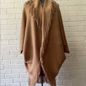 Fringed WomenTan Knit Cape Poncho Cable Design onBack No Size or Fabric/Care Tag